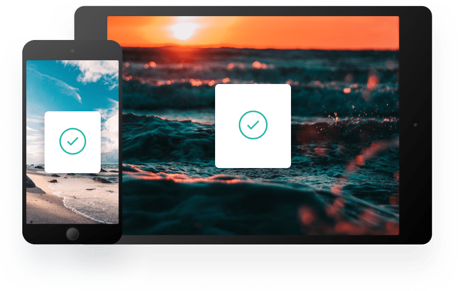 Smartphone and tablet with white box at center containing green checkmark inside